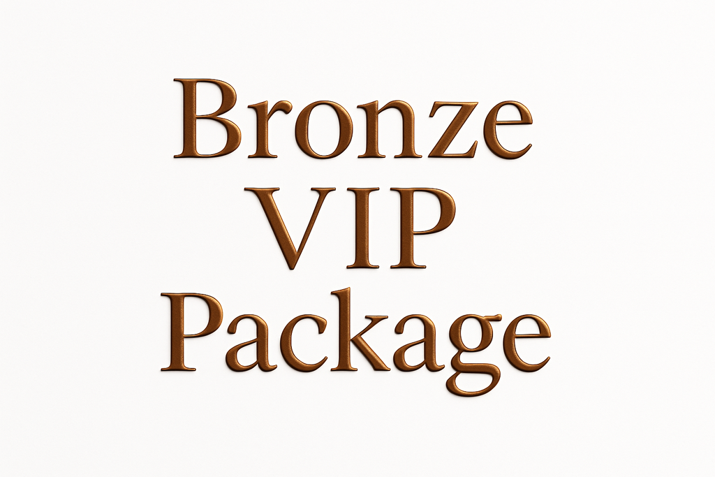 White Background, Text says Bronze VIP Package in bronze text color