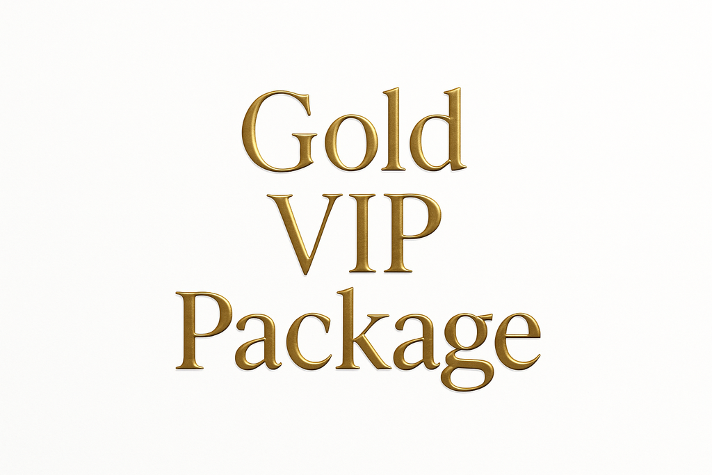 White Background, Text says Gold VIP Package in Gold text color