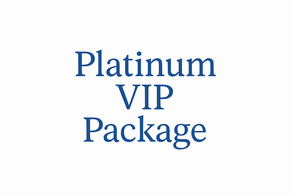 White background, text that says Platinum VIP Package in Blue
